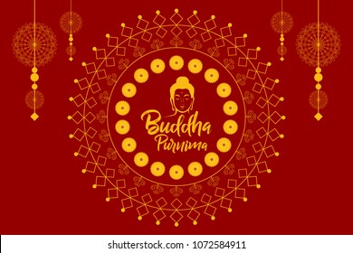 Buddha Purnima wishes vector illustration with buddha and lotus flower. Can be used for banner, backgrounds, greetings, poster, symbol, icon, print, text logo and buddhist designs. 