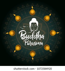 Buddha Purnima wishes vector illustration with buddha head. Can be used for banner, backgrounds, greetings, poster, symbol, icon, print, text logo and buddhist designs. 