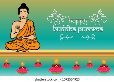 Buddha Purnima wishes vector illustration with buddha and lotus flower. Can be used for banner, backgrounds, greetings, poster, symbol, icon, print, text logo and buddhist designs. 