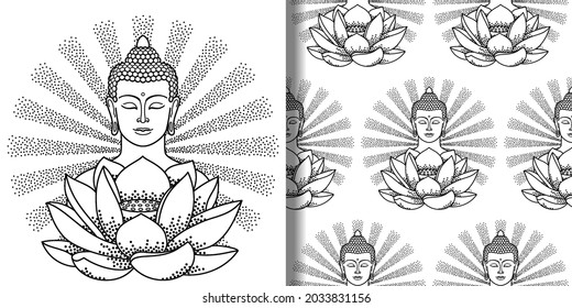 Buddha with rays and lotus print and seamless pattern