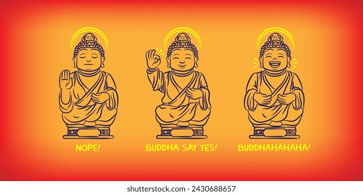 Buddha, reaction, facial expression, laughing, rejecting, greeting, approve, cute buddha, illustration, line art, vector