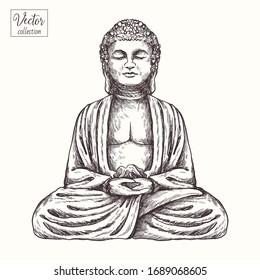 Buddha. Religious statue. Vector hand drawn illustration. The symbol of Buddhism.