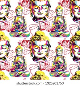 
Buddha seamless pattern. Buddhism, yoga. Figure markers. Pop Art. Bright print, colored spots. Freehand drawing.