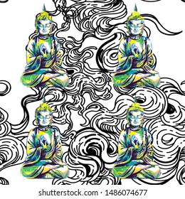 Buddha seamless pattern. Buddhism, yoga. Figure markers. Pop Art. Bright print, colored spots. Freehand drawing.