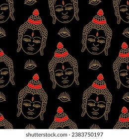 Buddha seamless pattern, head minimalist line stylish Illustration ornament, unique Bali print for yoga posters, cards, mugs, tattoos, clothes and other. Vector and jpg image, clipart, editable