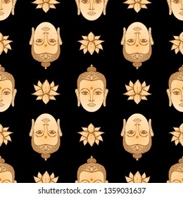 Buddha seamless pattern with lotus flower. Bohemian vibes.