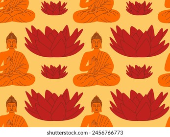 Buddha seamless pattern with lotus flower. Flat vector illustration.