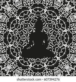 Buddha Seamless Pattern. Sitting Buddha silhouette in traditional ornament. Black background.