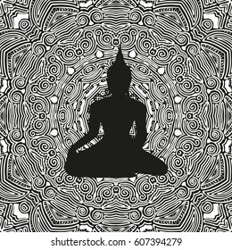 Buddha Seamless Pattern. Sitting Buddha silhouette in traditional ornament. Black background.