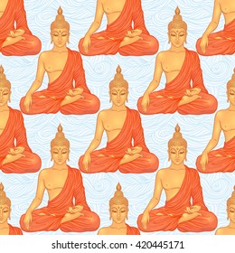 Buddha seamless pattern. Vintage decorative composition. Indian, Buddhism, Spiritual, Esoteric budda motifs. tattoo, yoga, spirituality. Vector illustration.