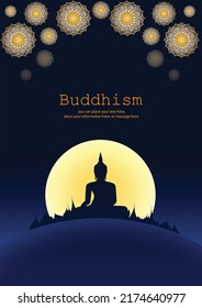 Buddha shadow sitting on moon vector background - Magha Puja, Asanha Puja, Vesak Puja Day, Buddhist holiday concept. Thailand culture