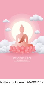 Buddha shadow sitting on pink with cloud sky and copy space vector background - Magha Puja, Asanha Puja, Vesak Puja Day, Thailand culture