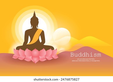Buddha shadow sitting on pink lotus vector illustration background - Magha Puja, Asanha Puja, Vesak Puja Day, Thailand culture