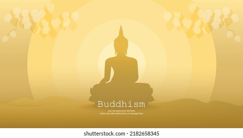 Buddha shadow sitting on a yellow gold with bodhi leaves vector illustration background - Magha Puja, Asanha Puja, Vesak Puja Day, Thailand culture