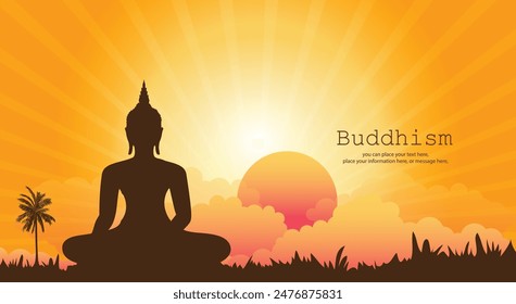 Buddha shadow sitting on a yellow vector illustration background - Magha Puja, Asanha Puja, Vesak Puja Day, Thailand culture