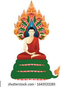 Buddha Sheltered by king Naga seven head  graphic vector