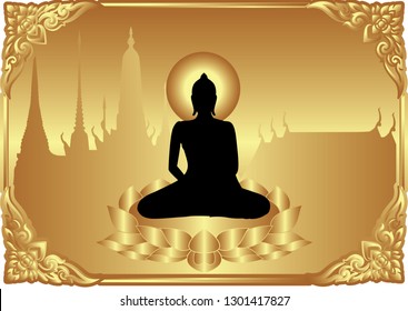 Buddha Siddhartha gautama sit on lotus in traditional frame border with temple background