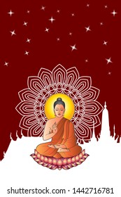 Buddha Siddhartha gautama sit on lotus with dharma wheel, silhouette temple and star background.