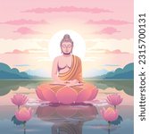 Buddha Siddhartha Shakyamuni meditating. Serene background of lotus