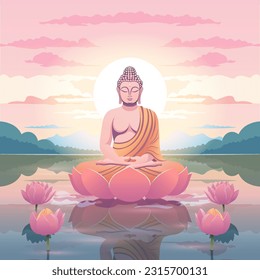 Buddha Siddhartha Shakyamuni meditating. Serene background of lotus