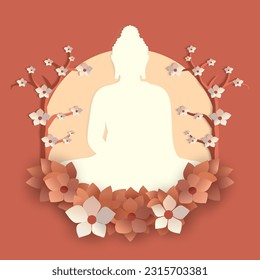 Buddha Siddhartha Shakyamuni meditating. Serene background with flowers. Paper art vector illustration.