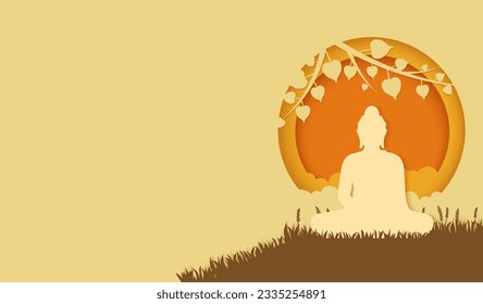 Buddha Siddhartha Shakyamuni meditating. Serene background. 3D paper cut concept. Vector illustration.