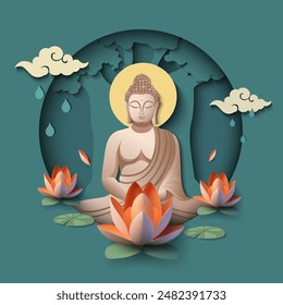 Buddha Siddhartha Shakyamuni meditiert. Gelassener Hintergrund mit Lotus. 3D-Papierschnitt-Konzept. Vektorillustration.