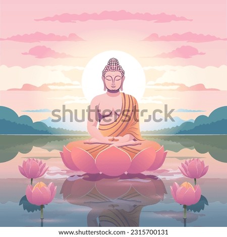 Buddha Siddhartha Shakyamuni meditating. Serene background of lotus