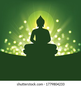 Buddha silhouette and abstract light on green background for Buddhism