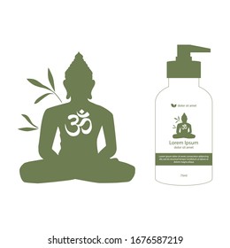 Buddha silhouette with bamboo leaves and OM symbol, vector illustration and cosmetic container mock up