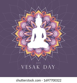 Buddha silhouette with colorful mandala to celebrate Vesak day