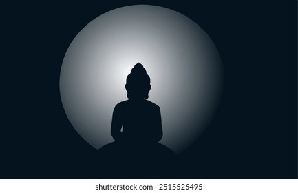 Buddha silhouette with a full moon. The image conveys a peaceful and spiritual atmosphere, symbolizing meditation, tranquility, and enlightenment. Perfect for themes related to Buddhisme.