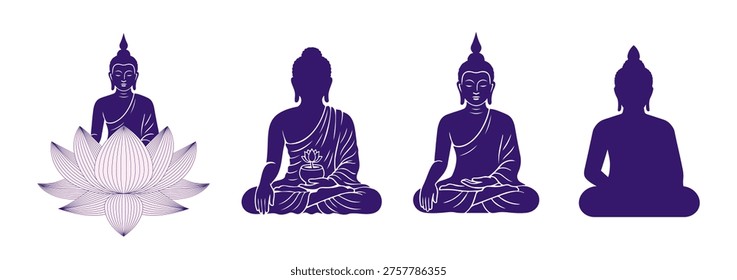 Buddha Silhouette illustration, element. Buddha Purnima, Vesak Day concept design with Buddha siting in lotus illustration, abstract background, banner, poster and flyer