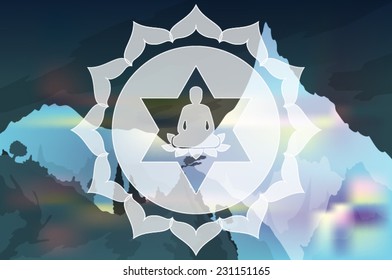 Buddha silhouette inside a chakra over mountain landscape background vector illustration