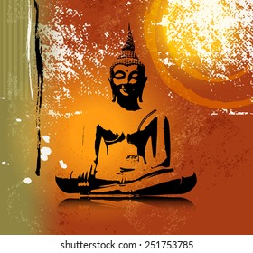 Buddha silhouette in lotus position against colorful grunge background