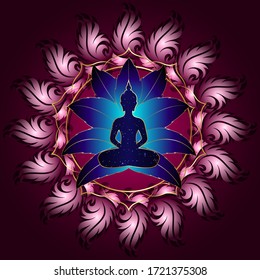 Buddha silhouette in lotus position over pink gold ornate mandala lotus flower. Vector illustration isolated. Buddhism esoteric motifs, Chakra concept, spiritual yoga