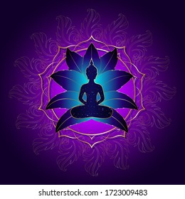 Buddha silhouette in lotus position over gold ornate mandala lotus flower. Vector illustration isolated on purple background. Buddhism esoteric motifs, Chakra concept, spiritual yoga