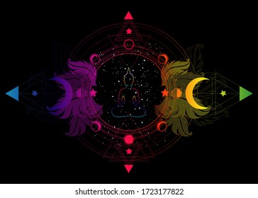 Buddha silhouette in lotus position over ornate mandala lotus flower and Moon phases Sacred Geometry, spiritual yoga. Chakras concept. Inner lov, magic colorful light. Vector isolated on black 