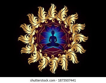 Buddha silhouette in lotus position over gold ornate mandala lotus flower. Vector illustration isolated on black background. Buddhism esoteric motifs, Chakra concept, spiritual yoga