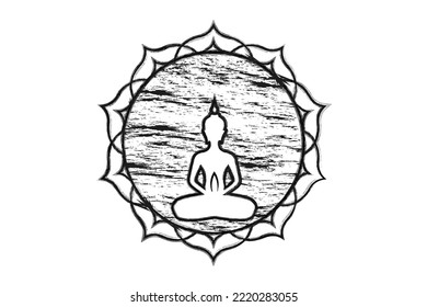 Buddha silhouette in lotus position, Sacred lotus round logo template. Buddhism esoteric motifs. Grunge Tattoo brush style, spiritual yoga. Mandala Vector isolated on white background 