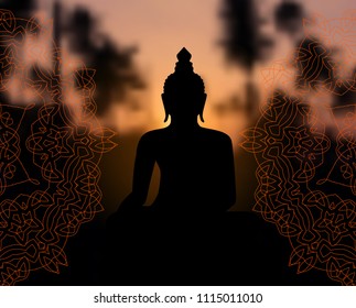 Buddha Silhouette With Mandala On Sunset Blurred Background. Sacred Geometry. Indian Ethnic Ornament. For Yoga Studio Or Meditation Classes, Flyer, Card, Invitation. Vector EPS10 Illustration.