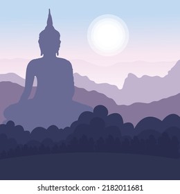 Buddha silhouette meditating on the mountain. Vector illustration concept teachings of Buddhism, Buddha's enlightenment.