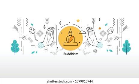 Buddha sit and hand flat line design outline vector stroke on white background with copy space