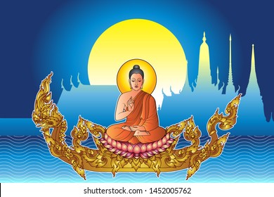 Buddha sit on Lotus with Golden Tattoo Serpent or Naga vintage style and full moon temple background