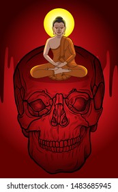 Buddha sit on skull head with blood background