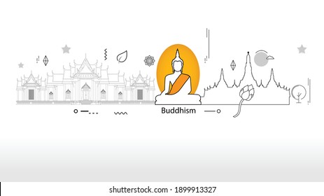 Buddha sit and temple flat line design outline vector stroke on white background with copy space