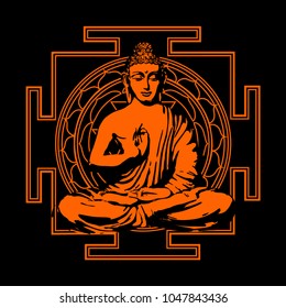 The Buddha sits in a Lotus pose against the background of Yantra - a sacred, auspicious magic symbol. vector