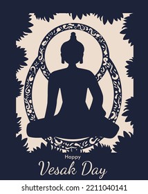 The Buddha sits in a lotus position on the background of a lace frame. Vector stock illustration. White background. Cut out paper. Vesak holiday. Happy day. Buddhism.