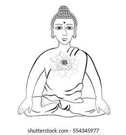 Buddha sitting with flower lotus Indian meditation open eyes coloring.  vector illustration