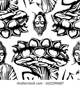 Buddha is sitting in the Lotus and blessing. Vector seamless monochrome black and white pattern in vintage style.